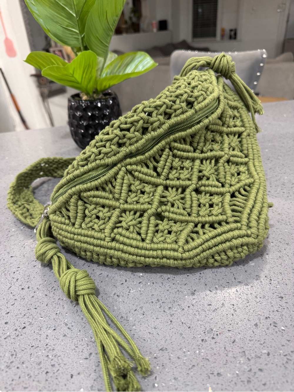 Forever 21 Olive Green Macramé Shoulder Bag with Tassel